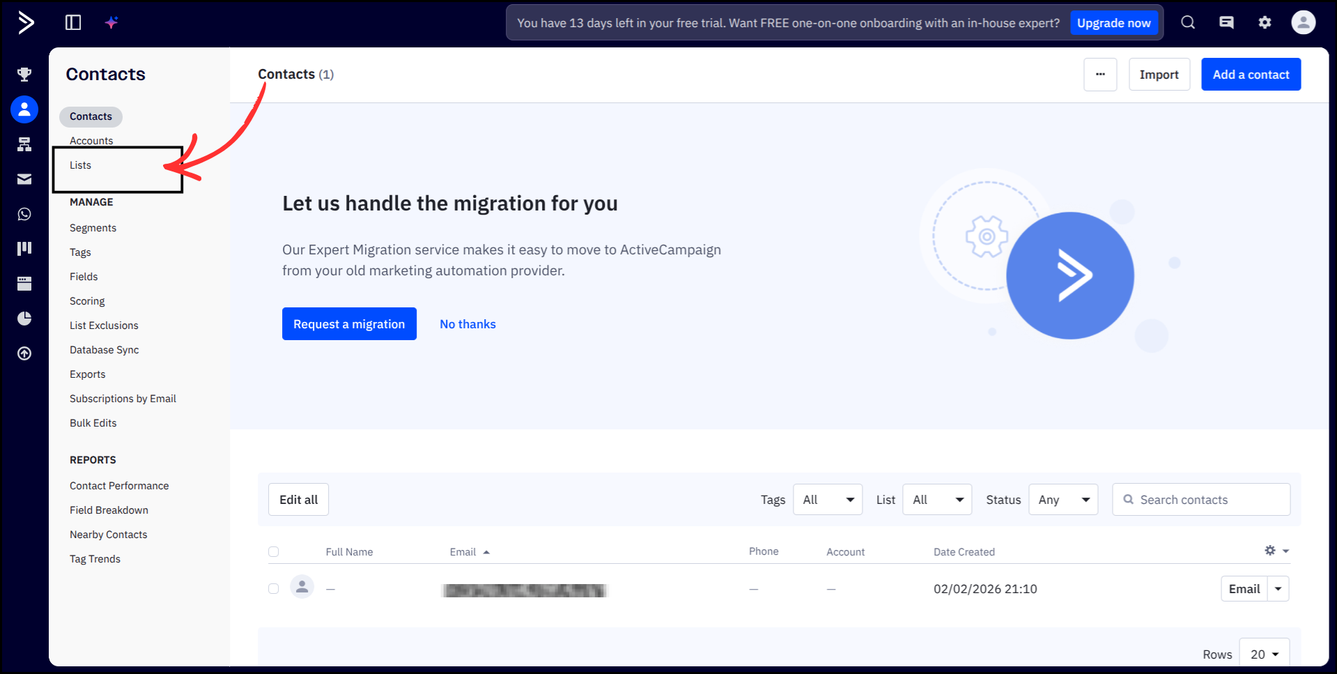 ActiveCampaign Contacts sidebar with Lists option highlighted