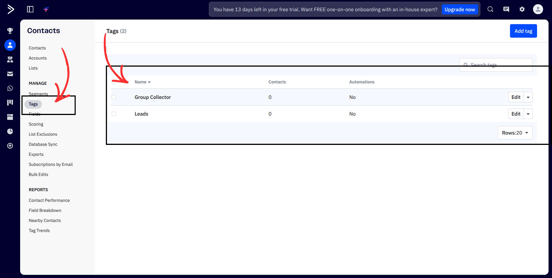 ActiveCampaign Tags page showing Tags option in sidebar and existing tags list