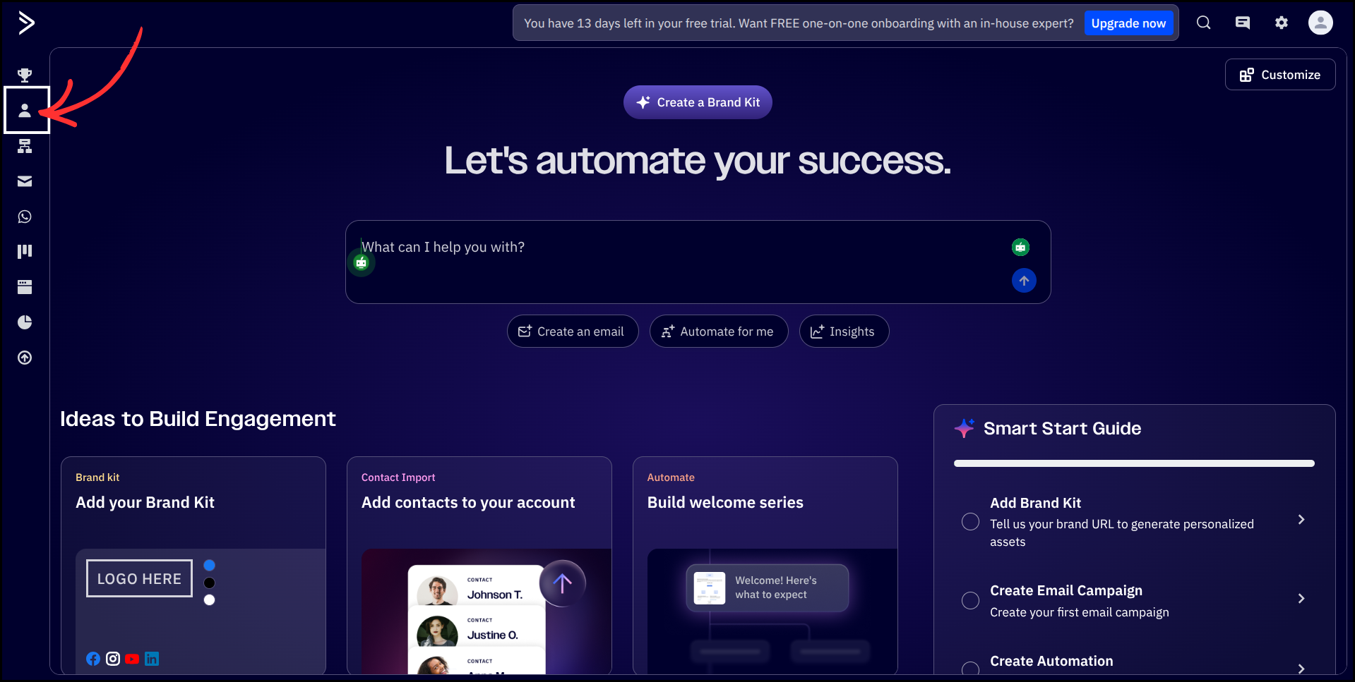 ActiveCampaign dashboard with Contacts icon highlighted in left sidebar