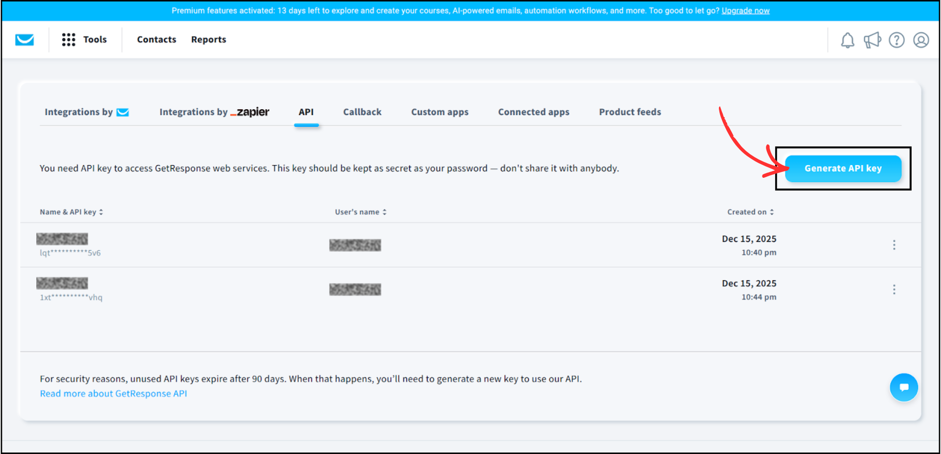 GetResponse Integrations and API page with API tab selected showing existing API keys and the Generate API Key button highlighted