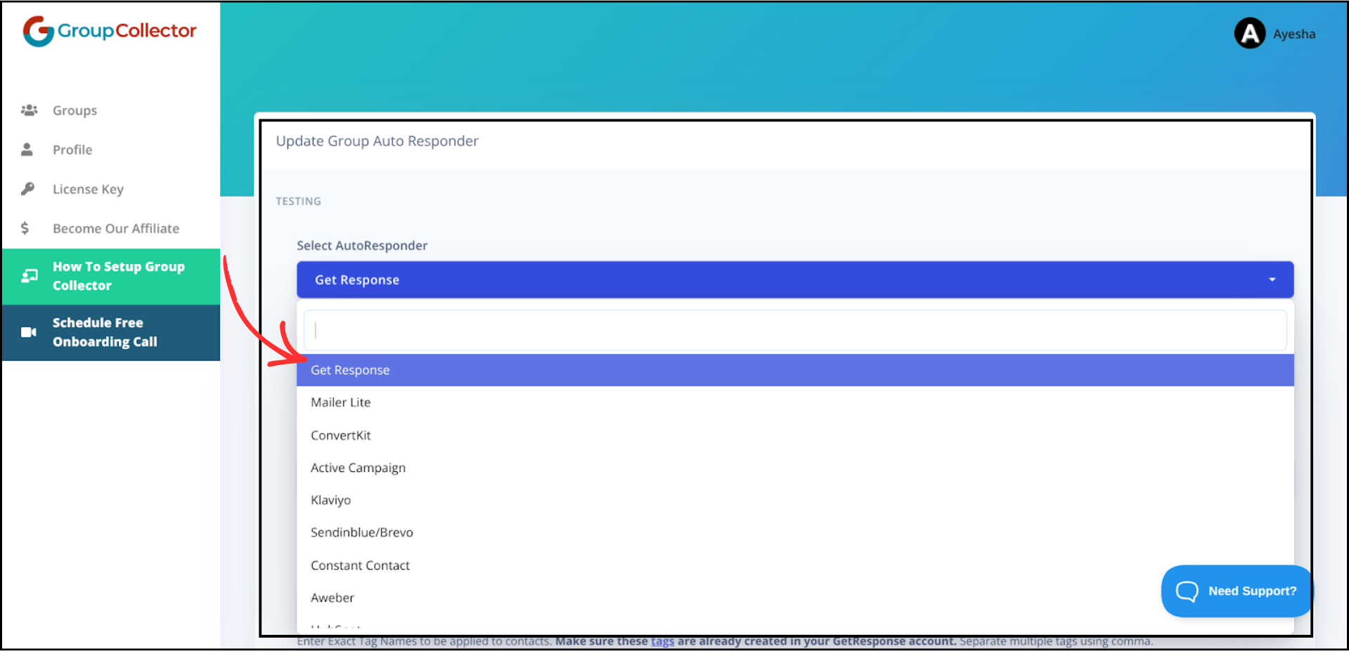 Group Collector dashboard showing autoresponder dropdown menu with Get Response option highlighted