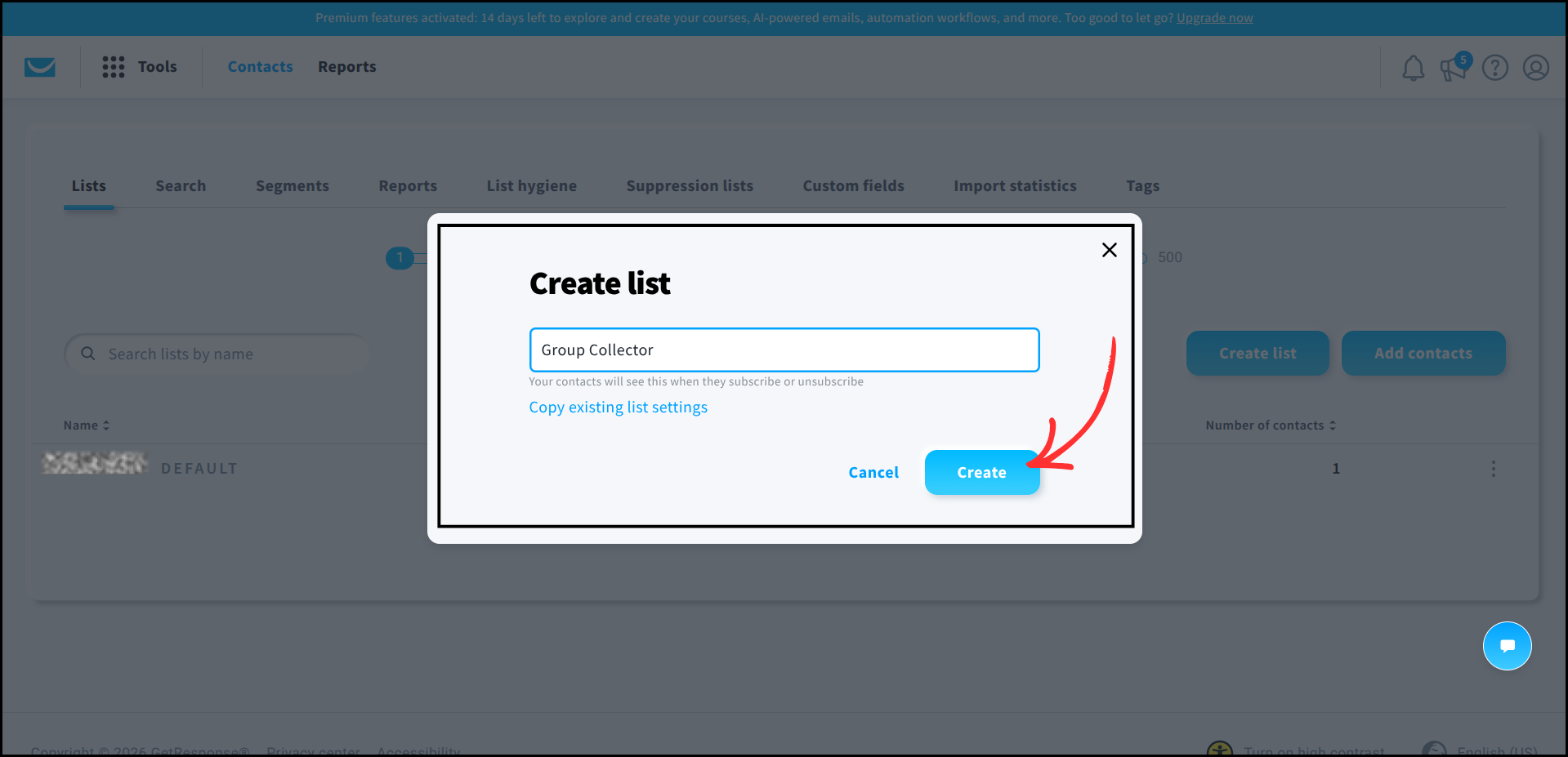 GetResponse Create List dialog with list name entered and the Create button highlighted