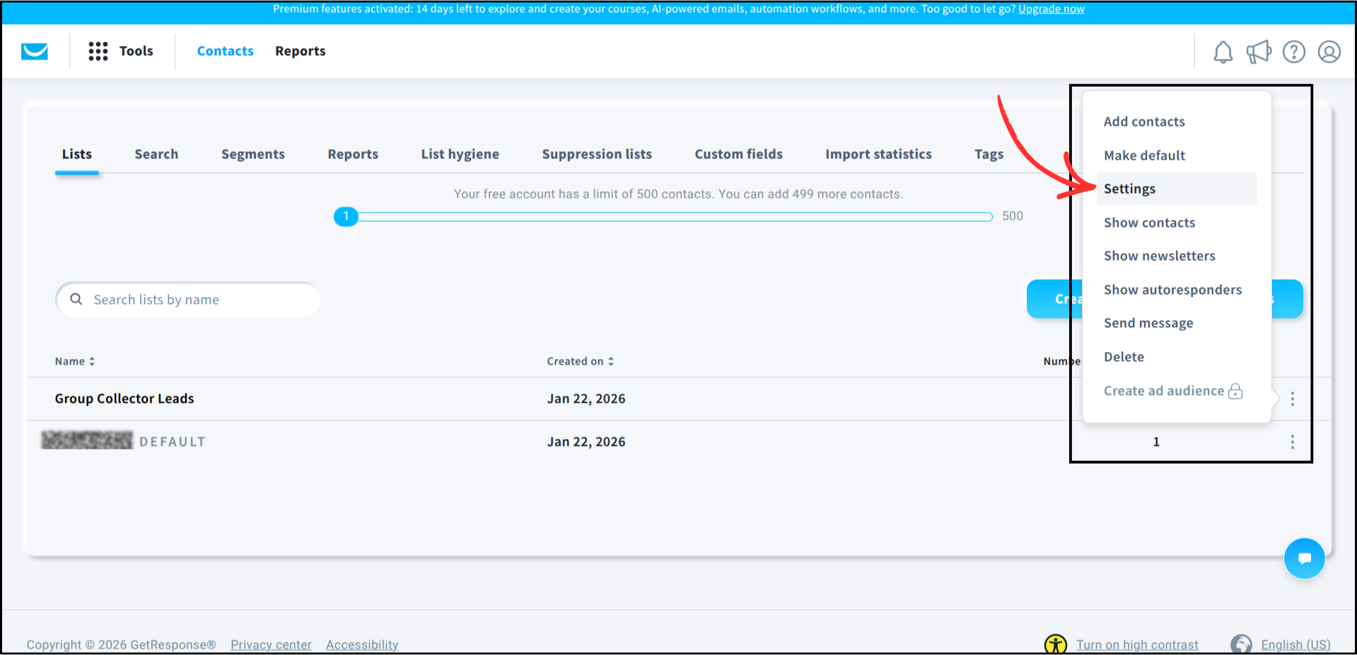 GetResponse Lists page showing the actions dropdown menu with Settings option highlighted