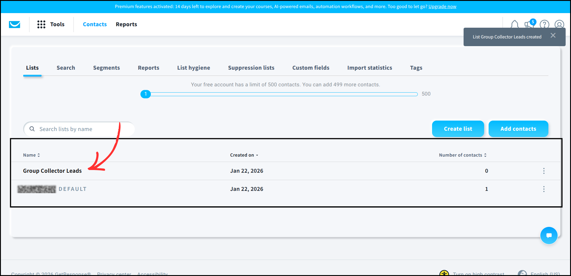 GetResponse Contacts Lists page showing the newly created list with a success notification
