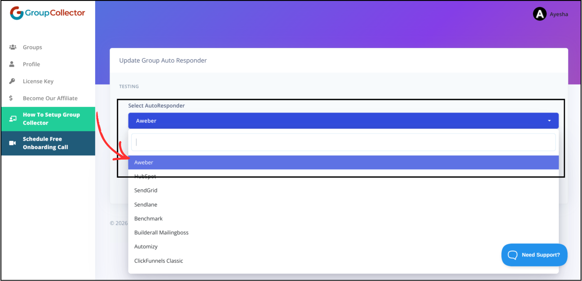 Group Collector dashboard showing autoresponder dropdown menu with AWeber option highlighted