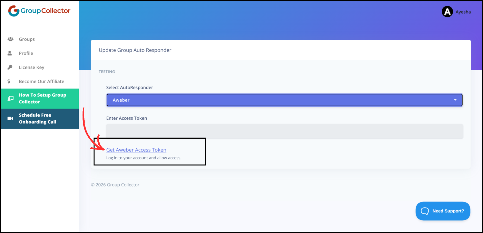 Group Collector dashboard with AWeber selected showing the Get Aweber Access Token link highlighted