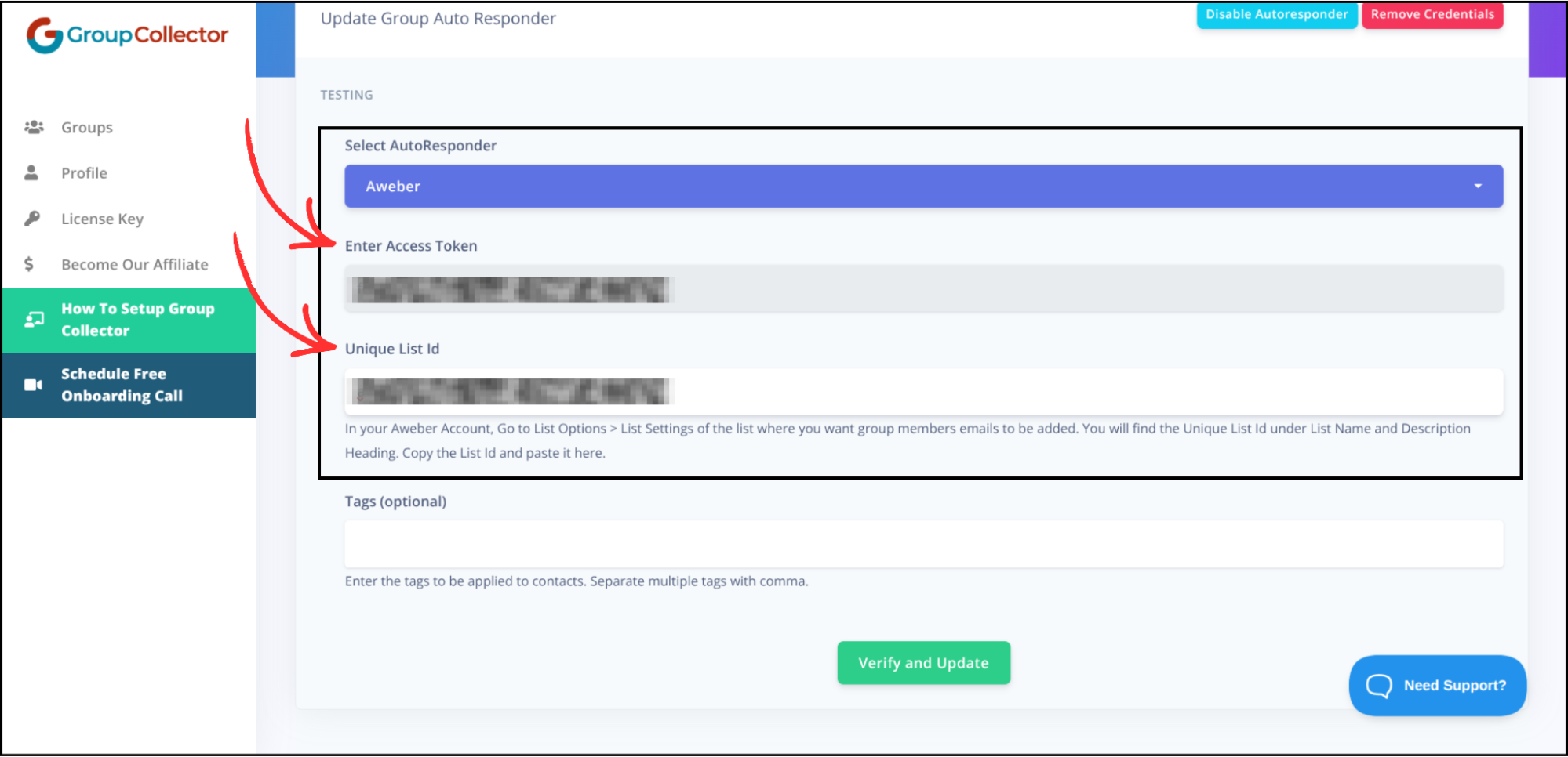 Group Collector dashboard with AWeber selected showing filled Access Token and Unique List Id fields highlighted with red arrows