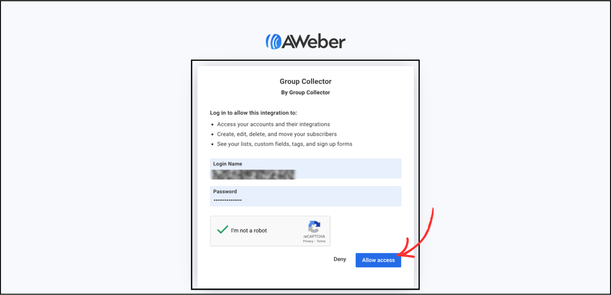 AWeber authorization page for Group Collector integration with Allow Access button highlighted