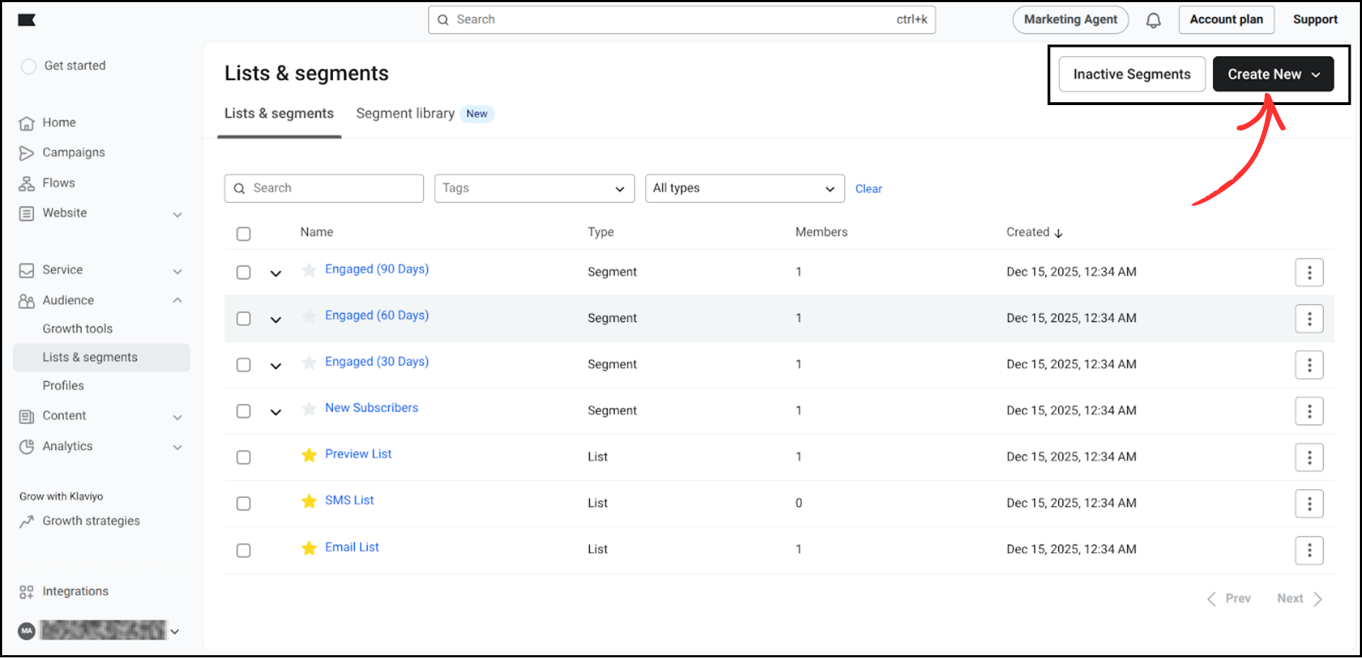 Klaviyo Lists and Segments page showing existing lists and segments with the Create New button highlighted