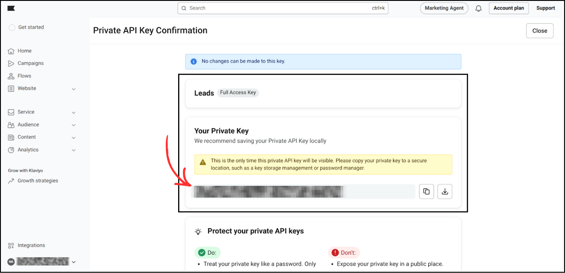 Klaviyo Private API Key Confirmation page showing the generated key with copy and download buttons