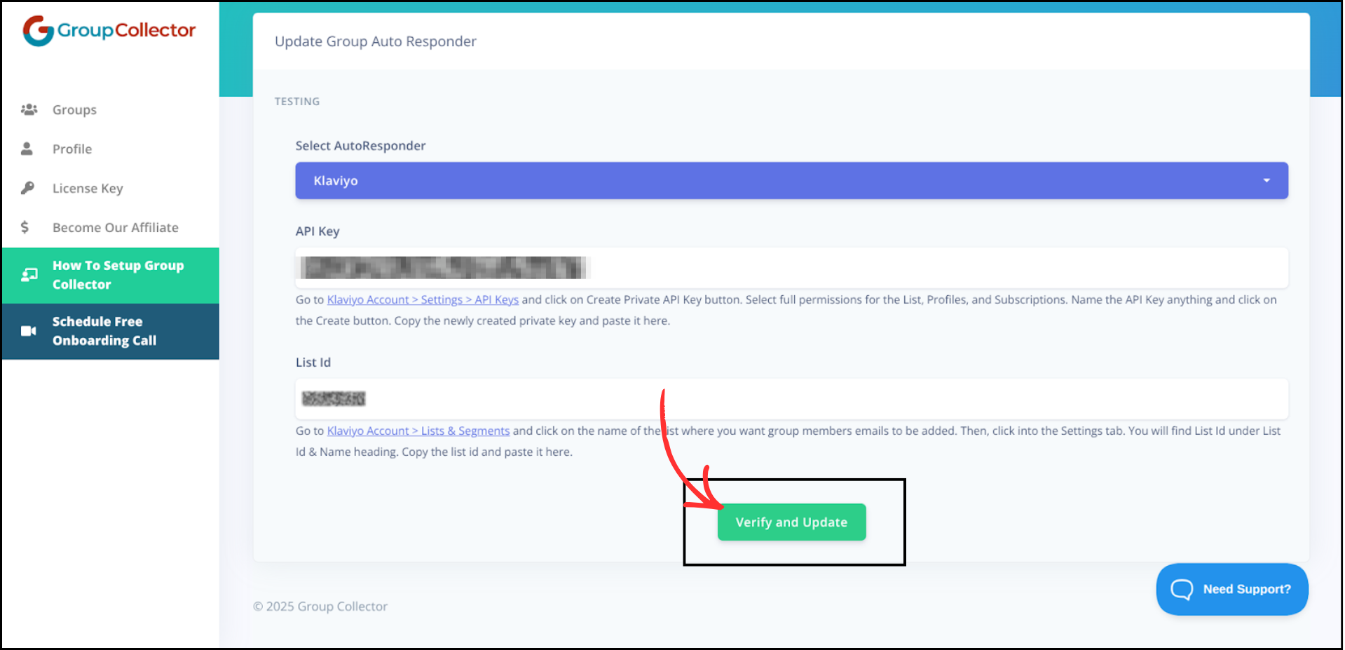 Group Collector dashboard with Klaviyo selected showing API Key and List Id fields with the Verify and Update button highlighted