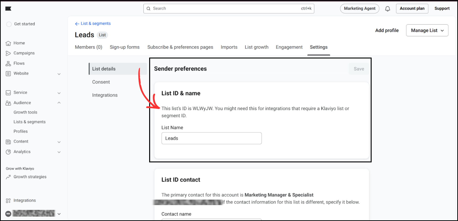 Klaviyo list Settings tab showing the List ID and name section with the List ID highlighted