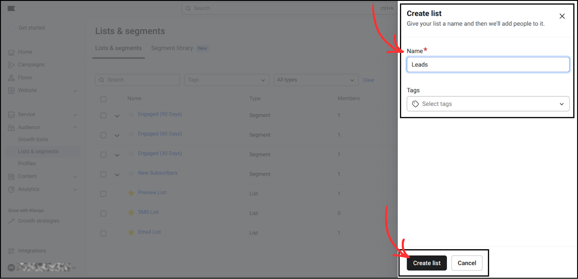 Klaviyo Create List dialog with the name field filled in and the Create List button highlighted