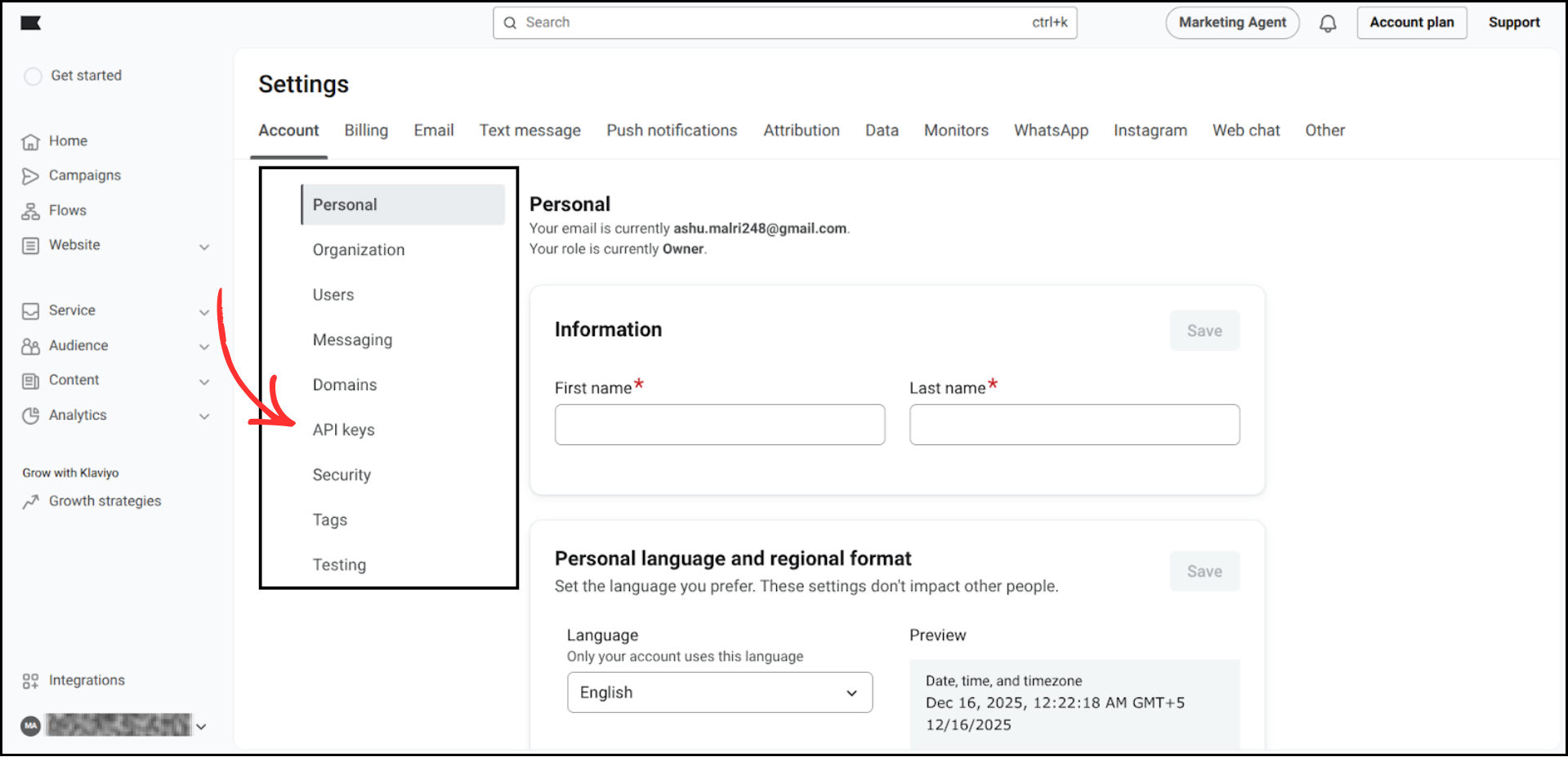 Klaviyo Settings page showing the API Keys option highlighted in the left sidebar menu