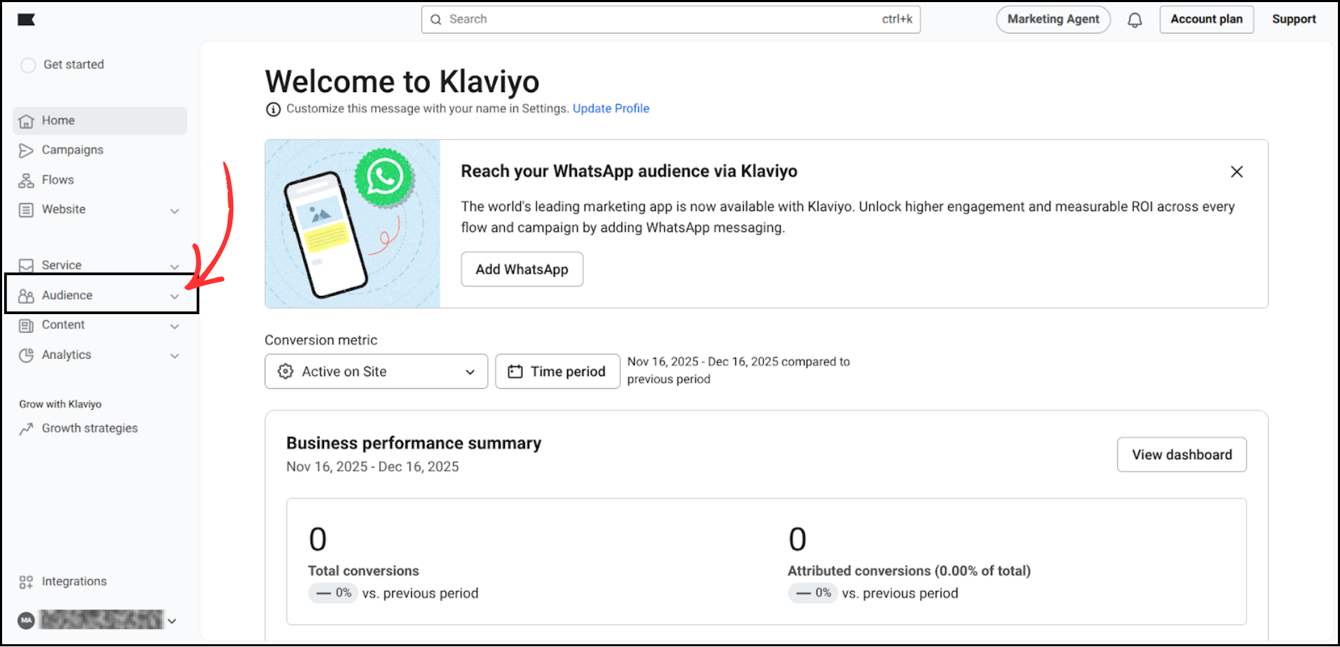 Klaviyo dashboard homepage with the Audience menu highlighted in the left sidebar