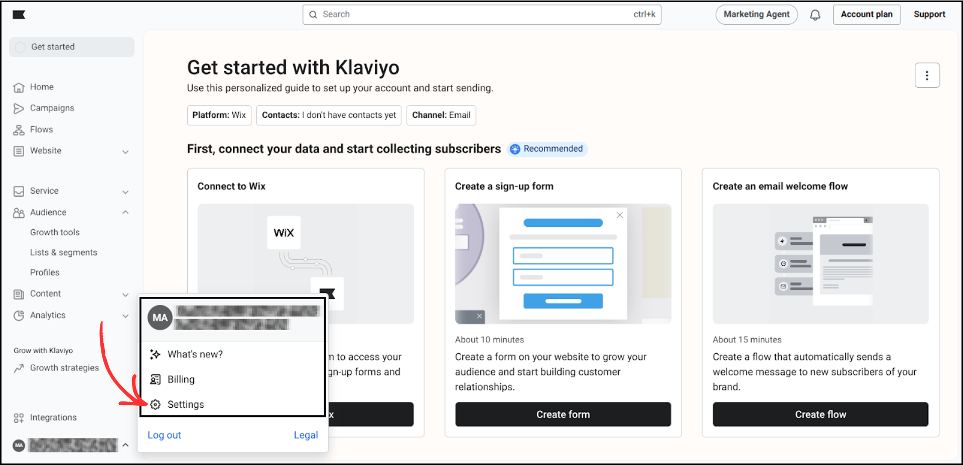 Klaviyo Get Started page with the profile icon menu expanded showing the Settings option highlighted