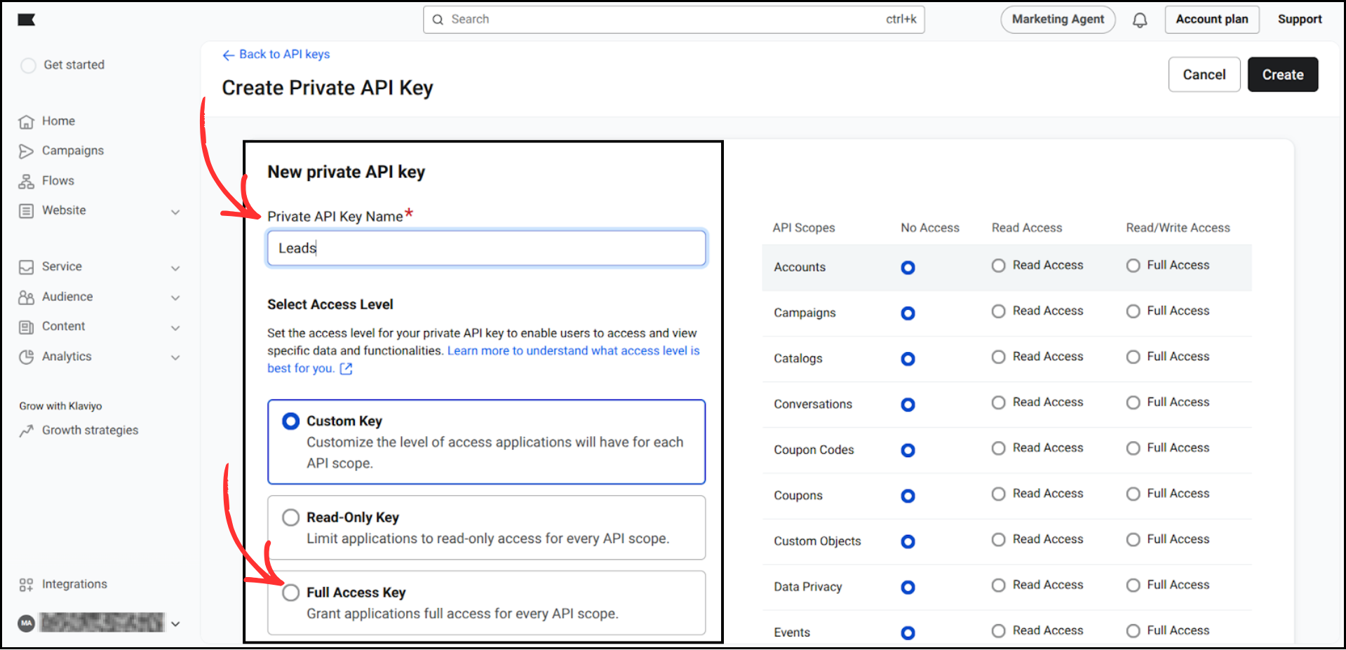 Klaviyo Create Private API Key page with the name field and Full Access Key option highlighted
