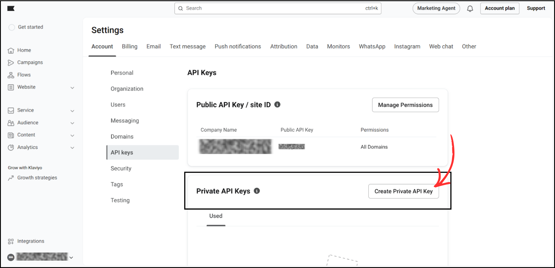 Klaviyo Settings API Keys page showing the Create Private API Key button highlighted