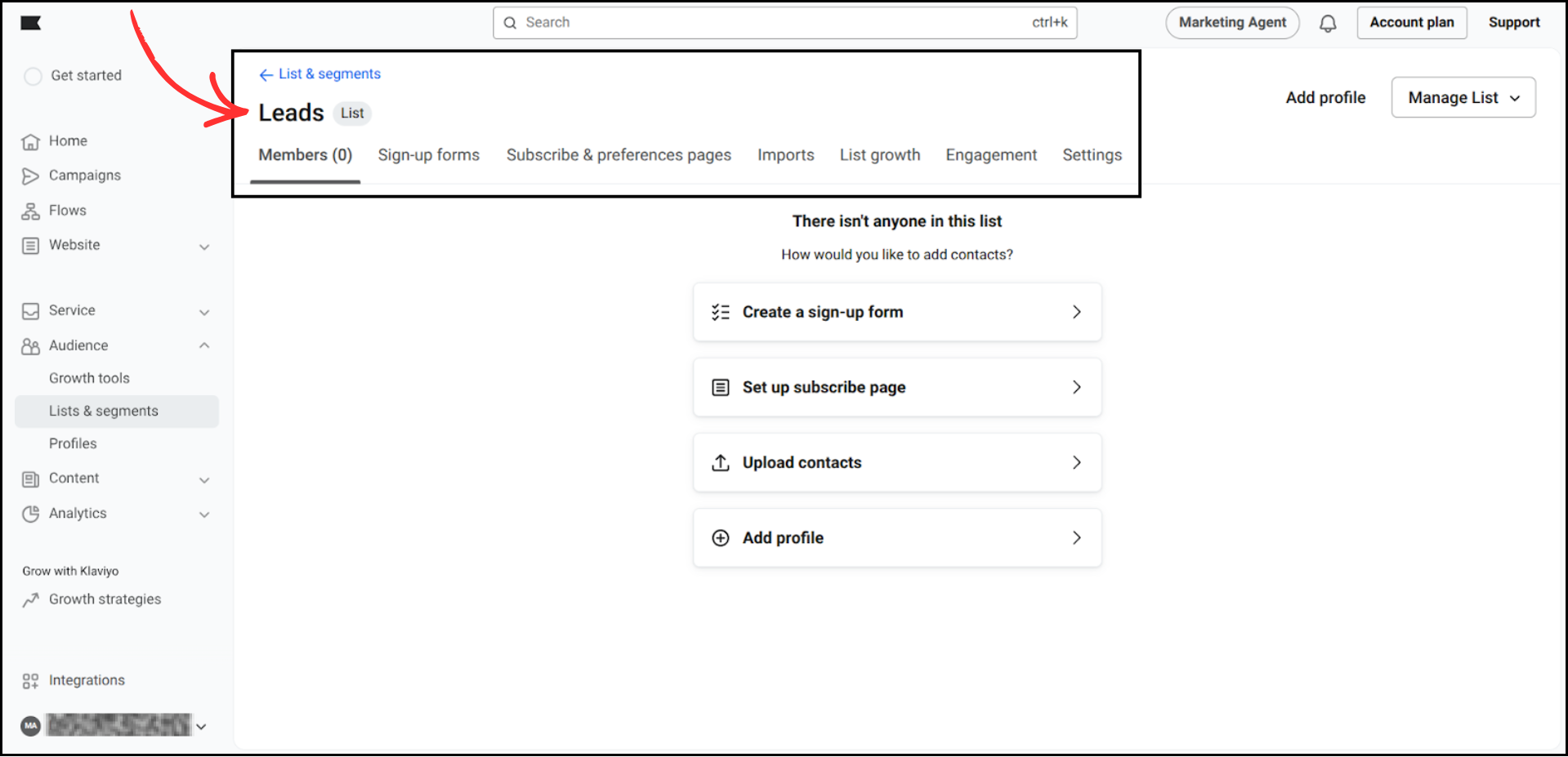 Klaviyo newly created Leads list page showing the Members tab with an empty list