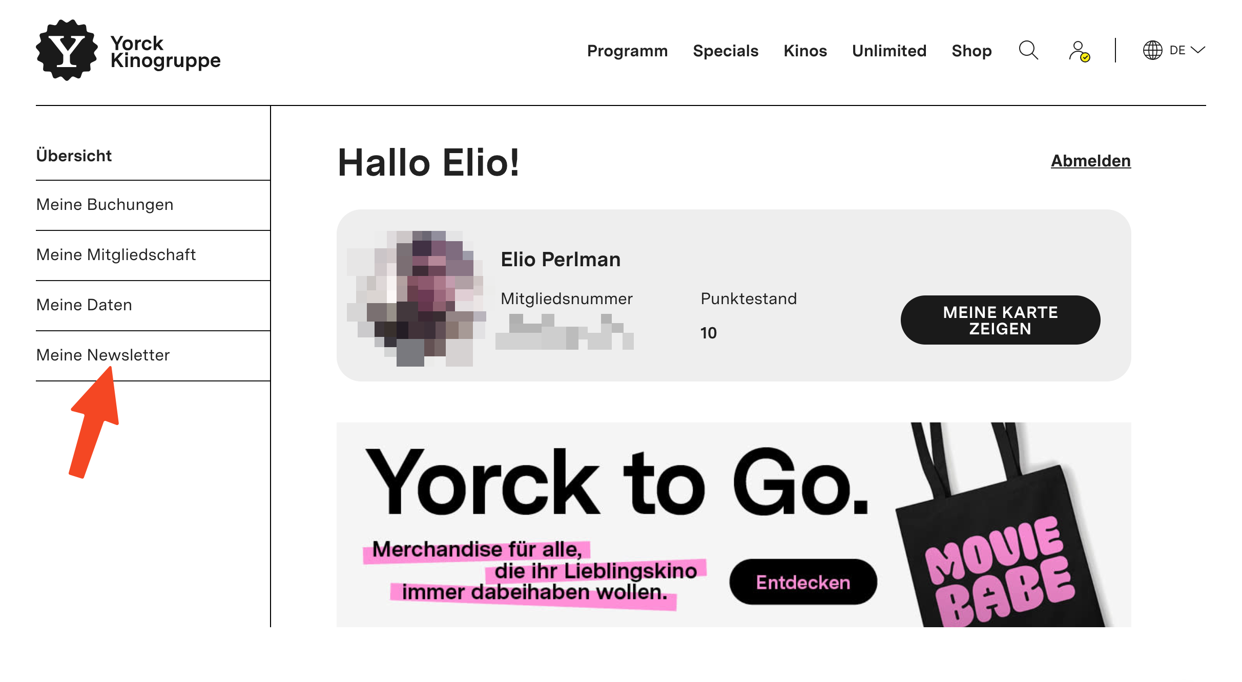 Screenshot von yorck.de. In der Menüleiste sind die Optionen 
