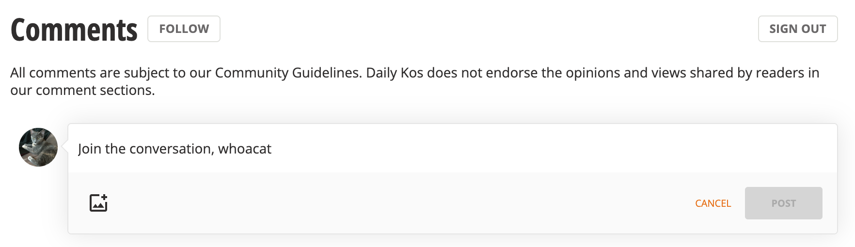 Daily Kos Comment Editor, activated with Add Image icon and CANCEL button