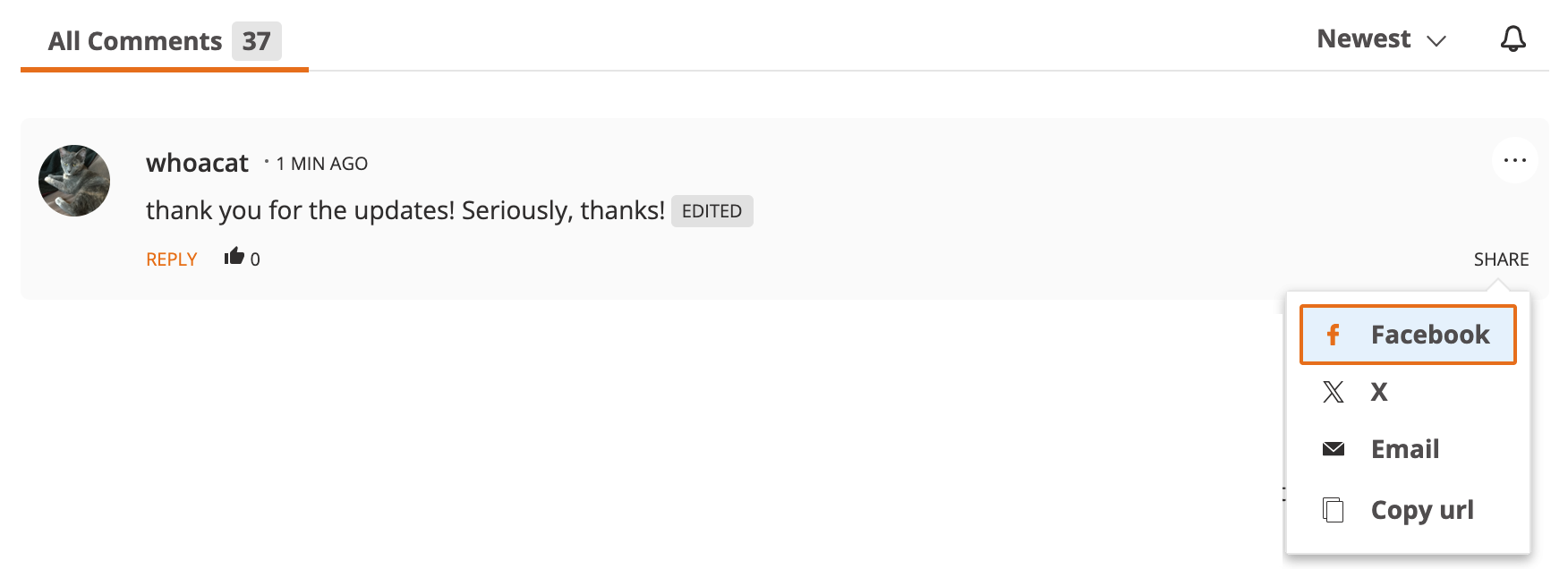 Daily Kos comment, SHARE button options