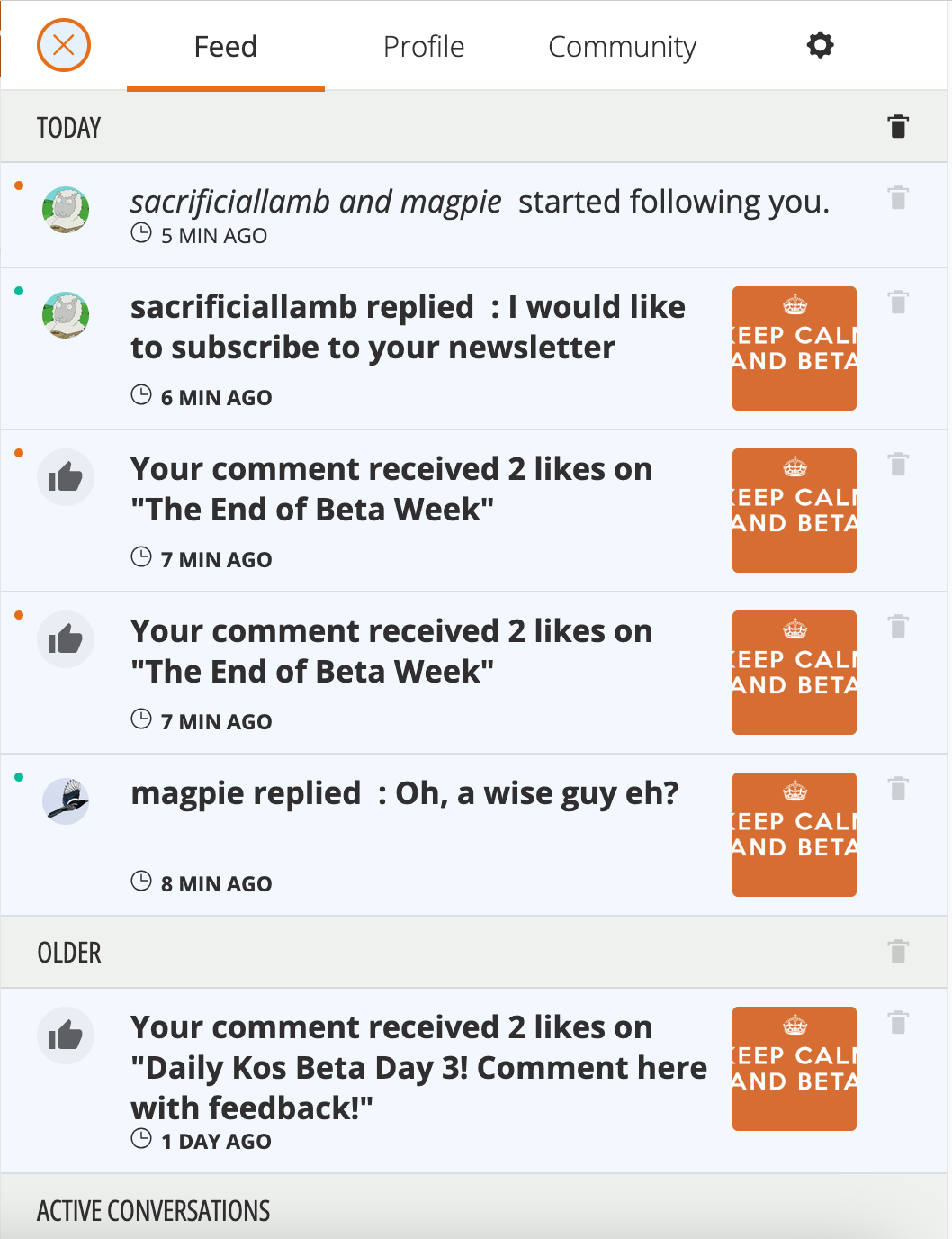 Daily Kos Notification Tray, Feed Tab