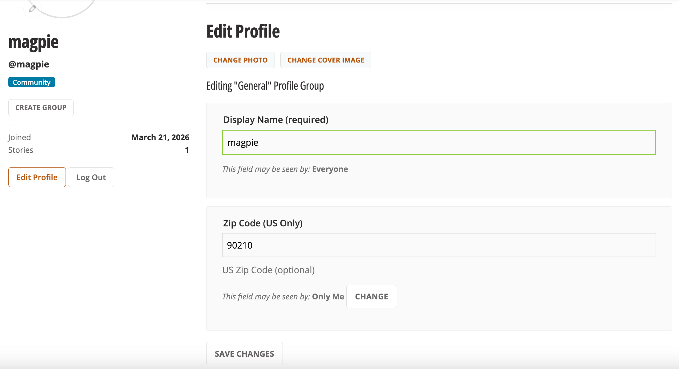 Daily Kos Profile, Edit Profile page