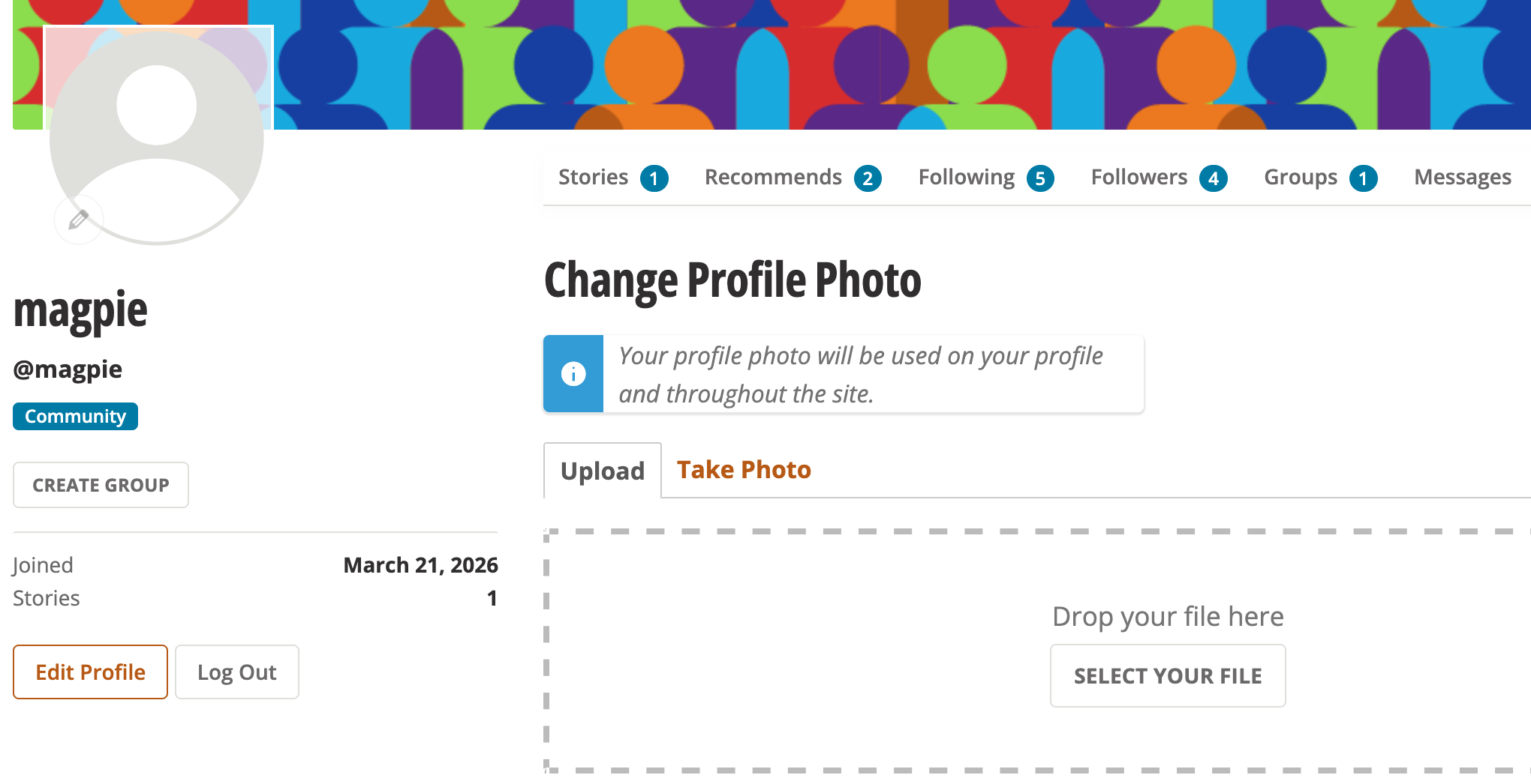 Daily Kos Profile, Change Profile Photo page