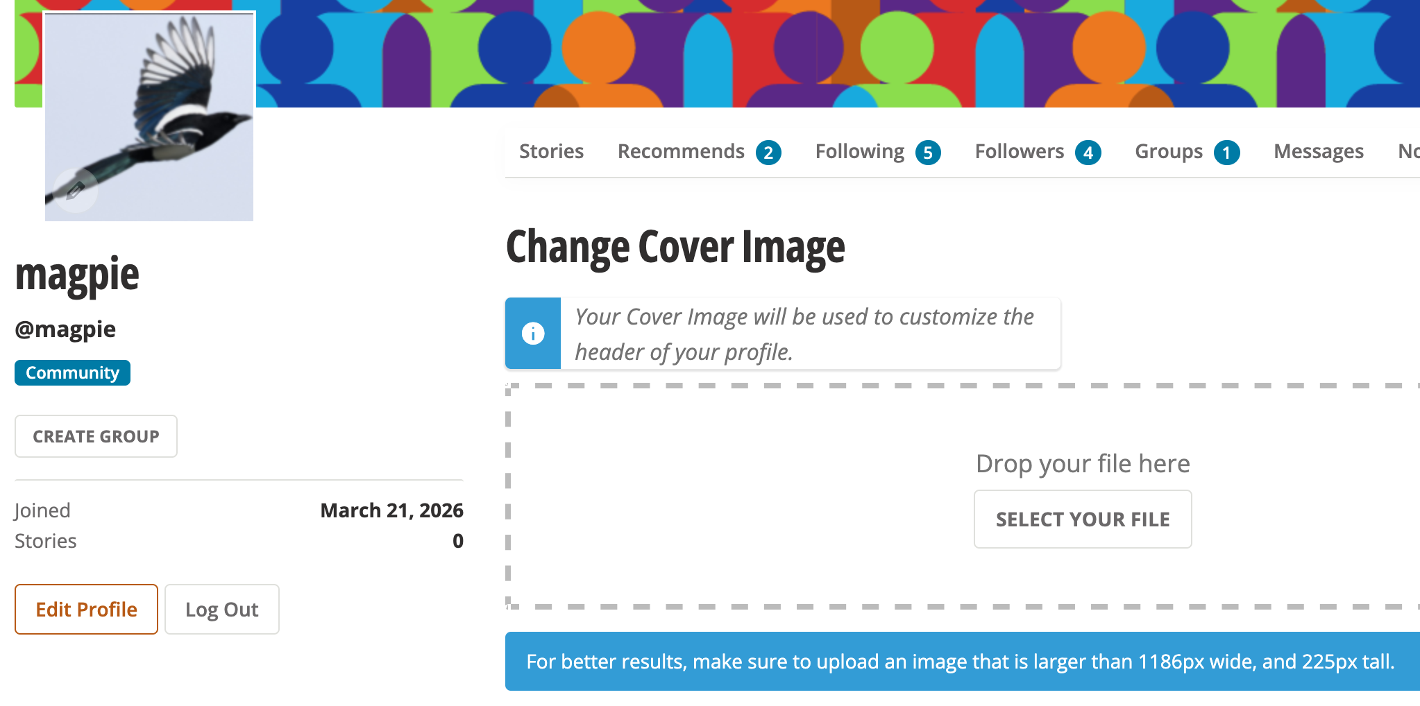 Daily Kos Profile, Change Cover Image page