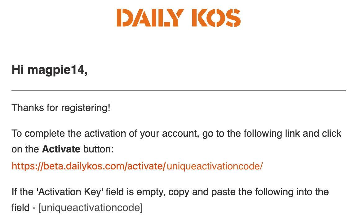 Daily Kos, account registration email, activation link