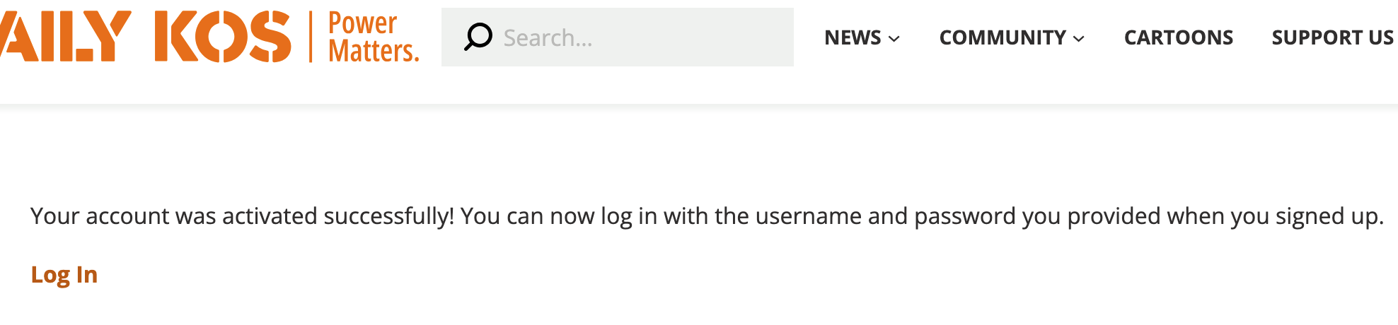 Daily Kos, account activation confirmation message