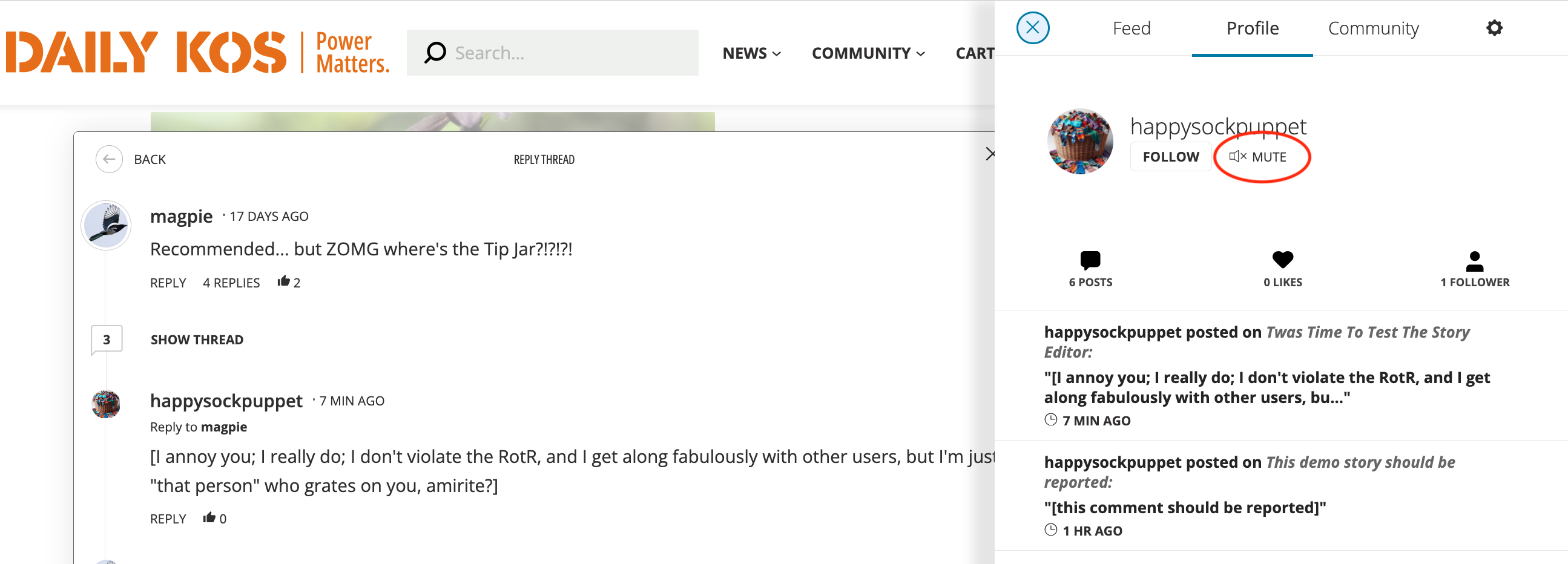 Daily Kos, Notification Tray, Mute User button location