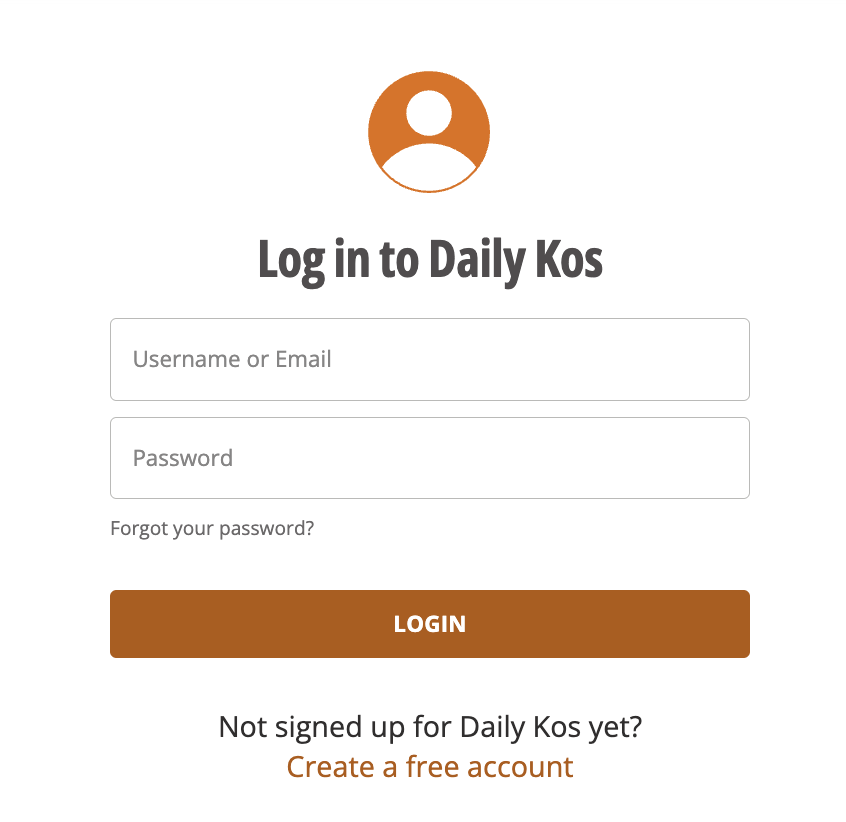Login modal for Daily Kos displaying fields for username or email plus password, and a link to click if the user has forgotten their password.