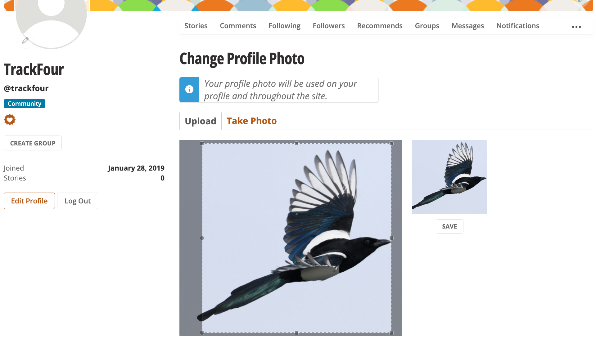 Daily Kos, User Profile, Edit Profile Page, Change Pforile Photo, crop and save