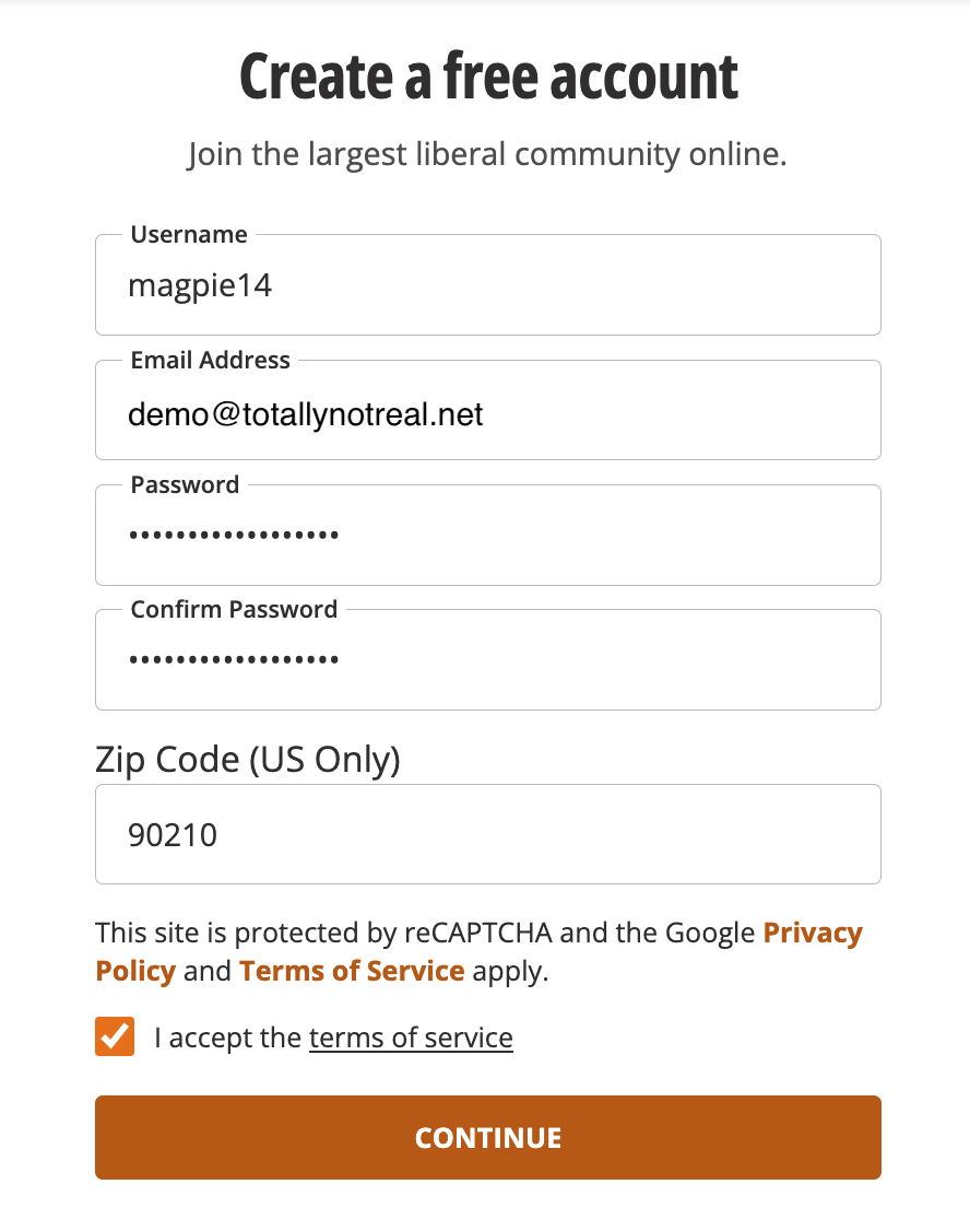 Daily Kos, Create Account Page
