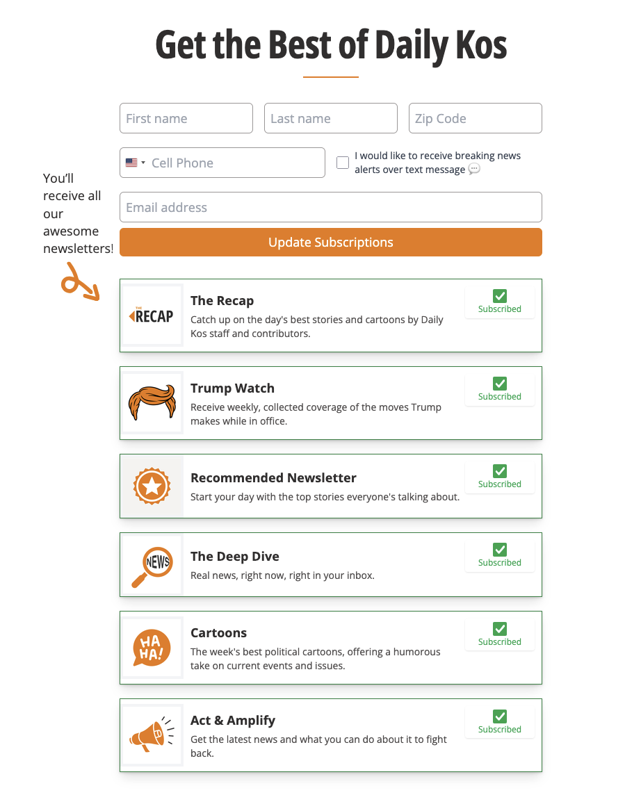 Image displays the contents of the page https://www.dailykos.com/newsletter, listing each of the available newsletters: The Recap; Trump Watch; Recommended; The Deep Dive; Cartoons; Act & Amplify