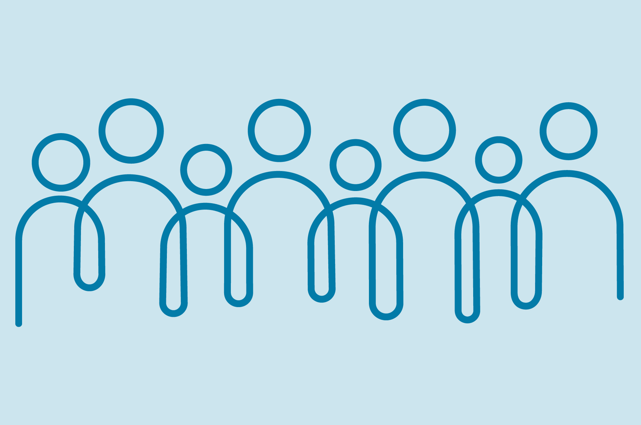 Light blue background with stylized darker blue abstract outlines of heads, torsos, and arms 