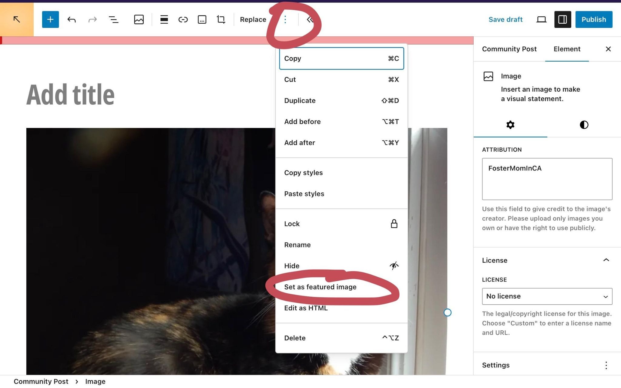 Story draft view with the menu option allowing an image within the story body to be moved to the Title Image spot