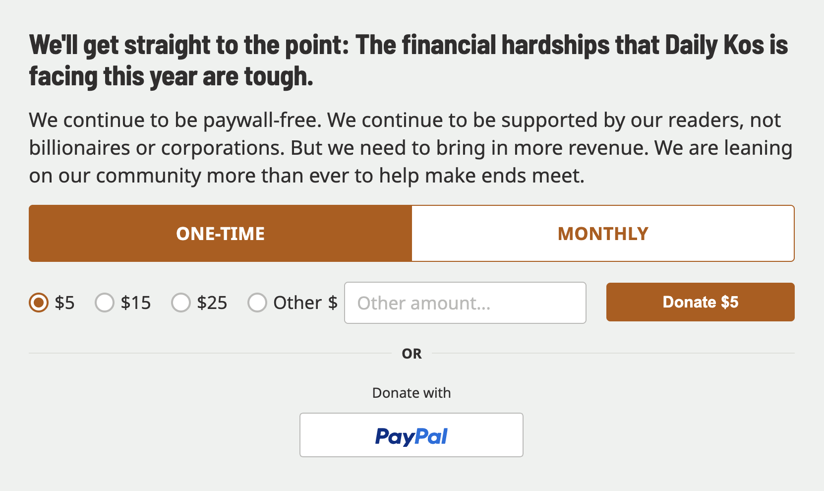 Daily Kos Staff Stories include a donation section, facilitating contributions via ActBlue or else directly through PayPal.