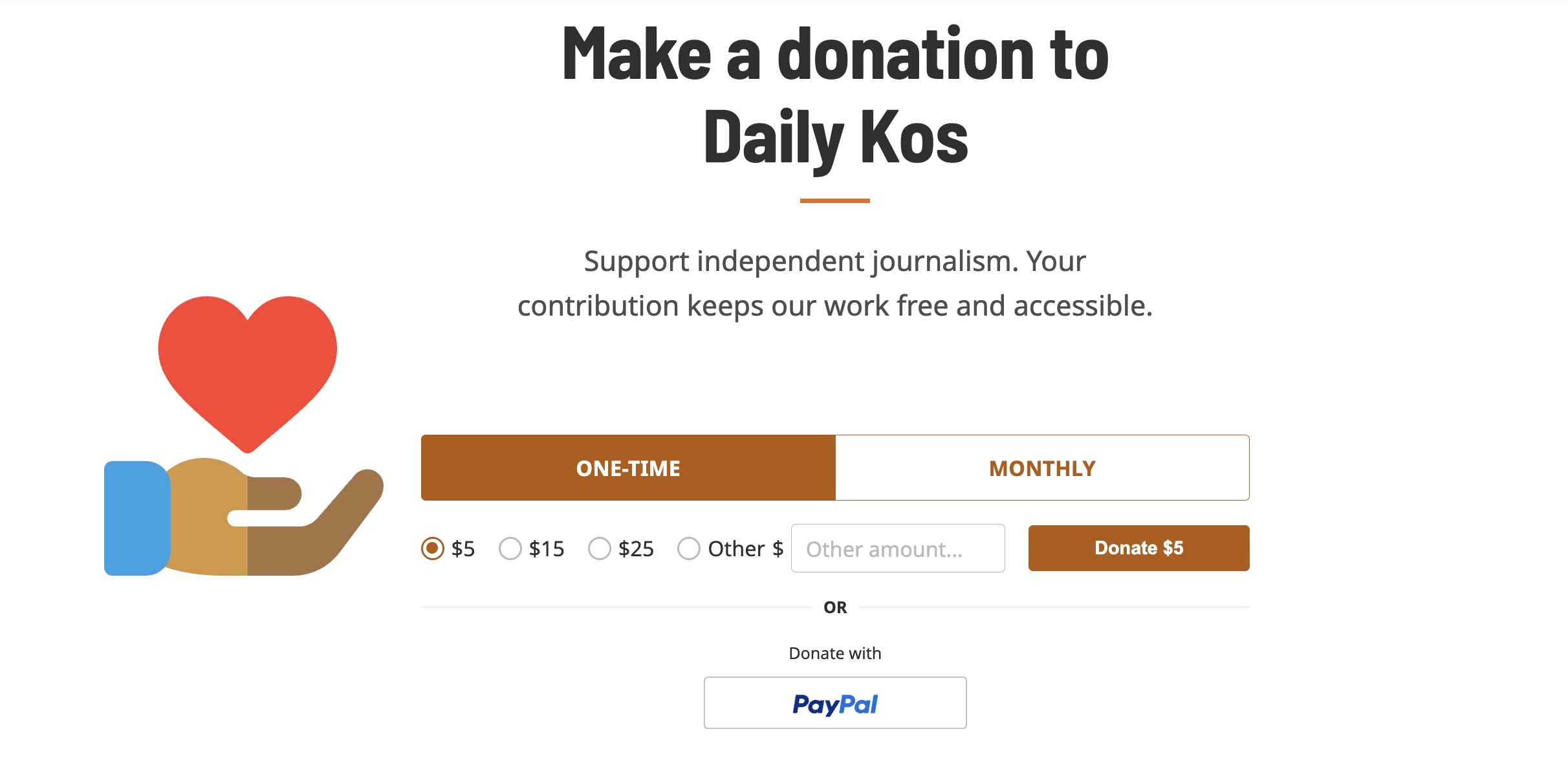 Full page display of donation options, including a suite of amounts  and frequencies for an ActBlue contribution and a PayPal button.