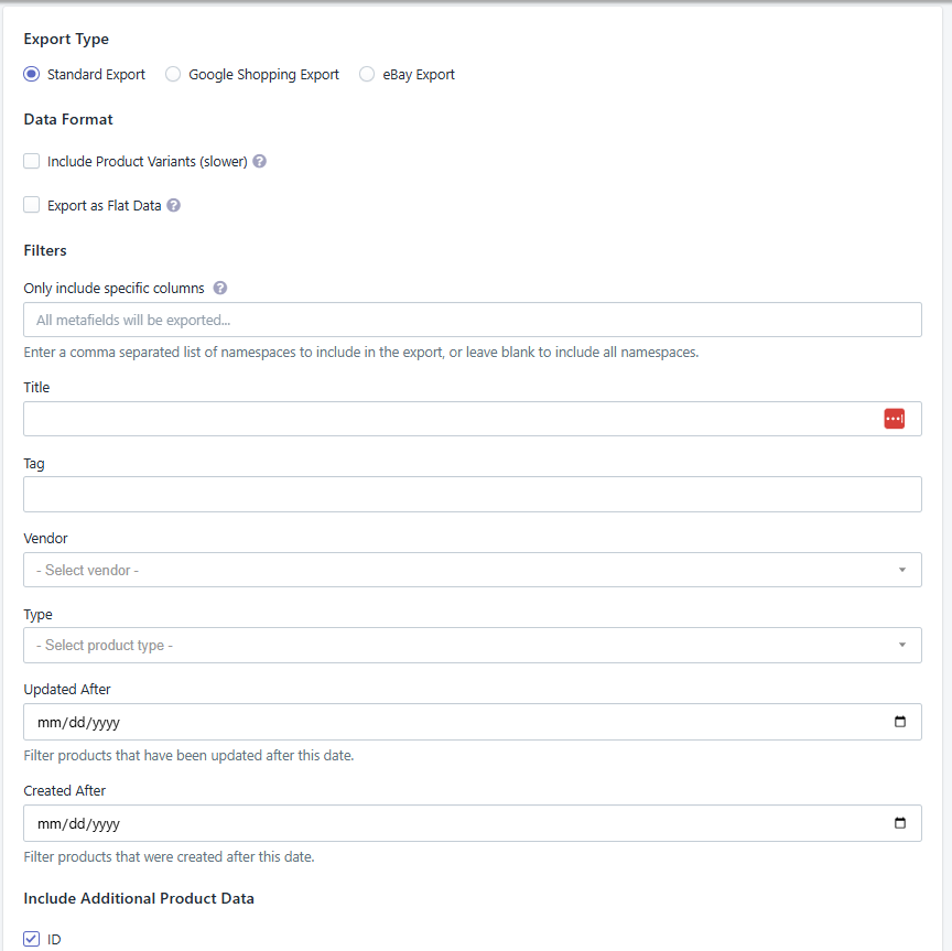 Standard Export Screenshot