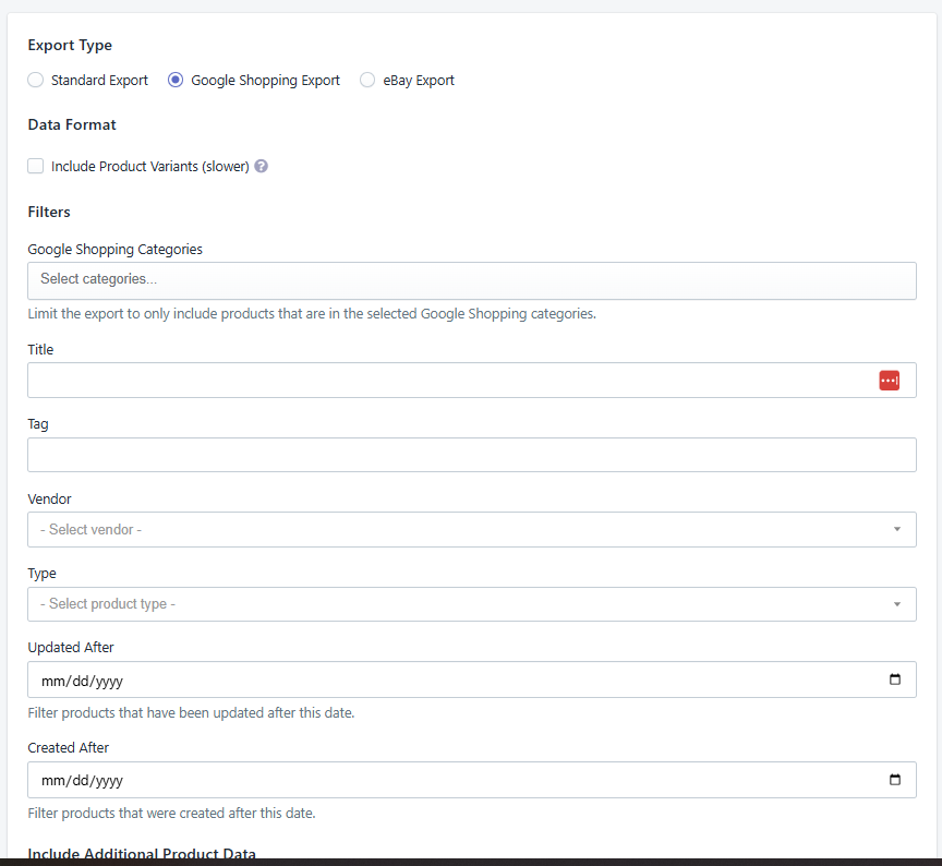 Google Shopping Export Screenshot