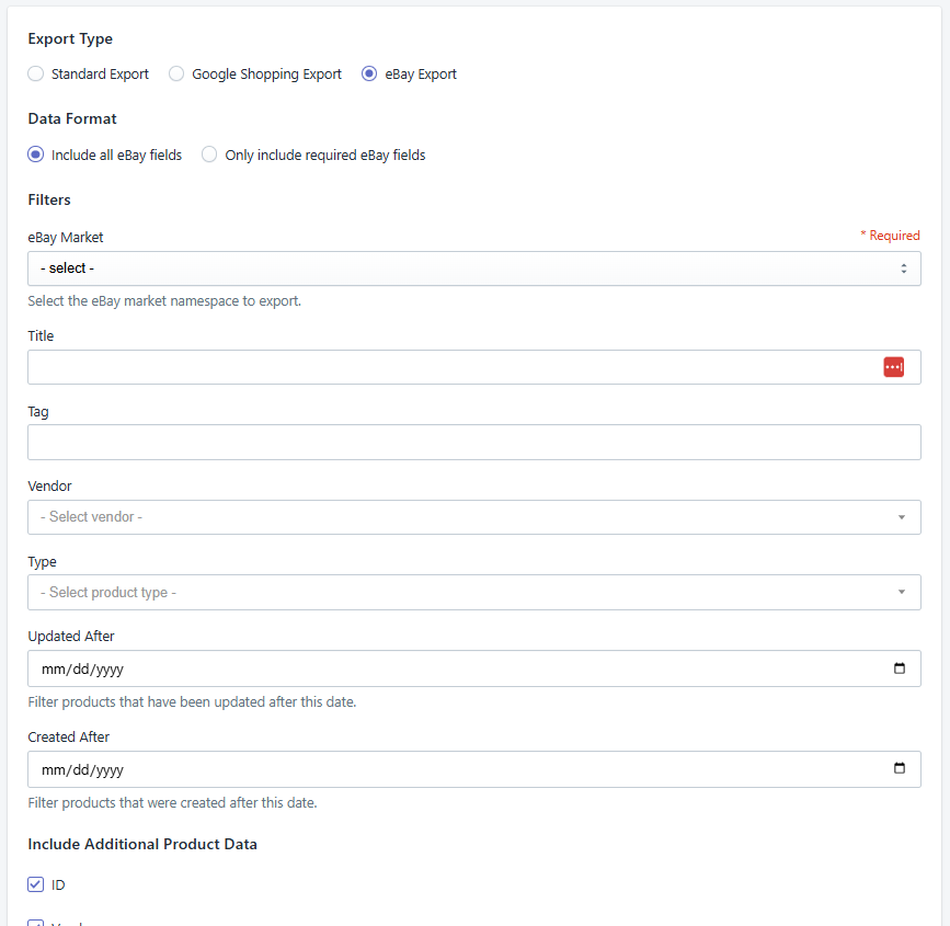 eBay Export Screenshot