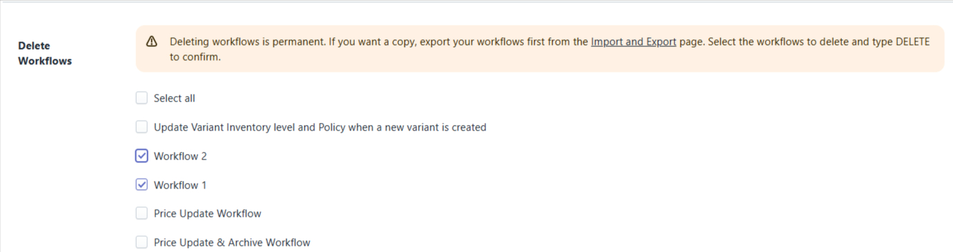 Bulk delete workflow selection screen