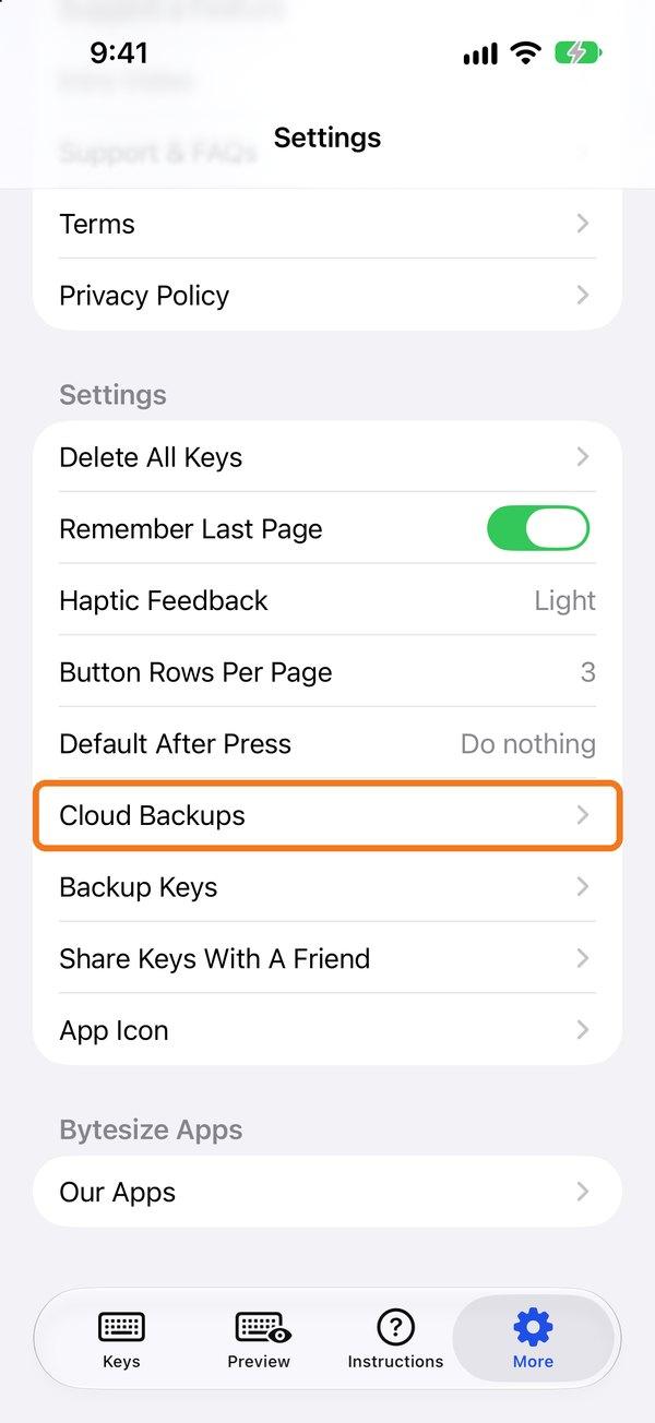 The More tab with Cloud Backups highlighted