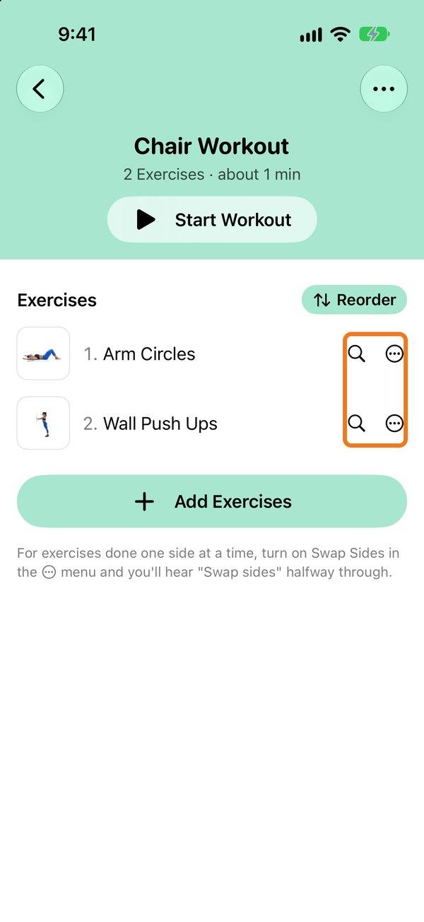 Swap an exercise or open its options