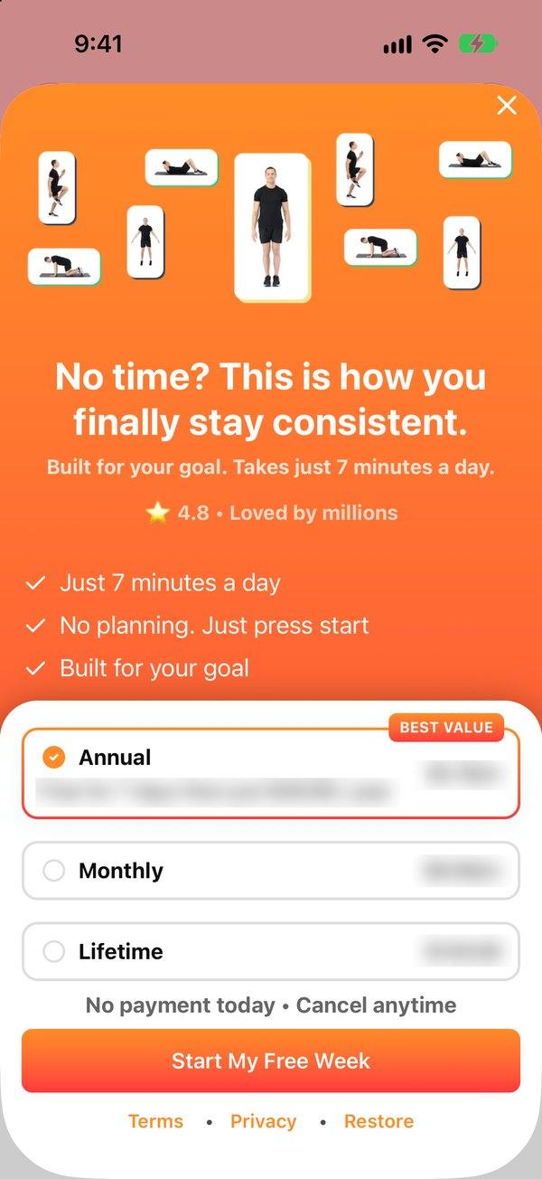 The 7 Minute Workout Pro upgrade screen