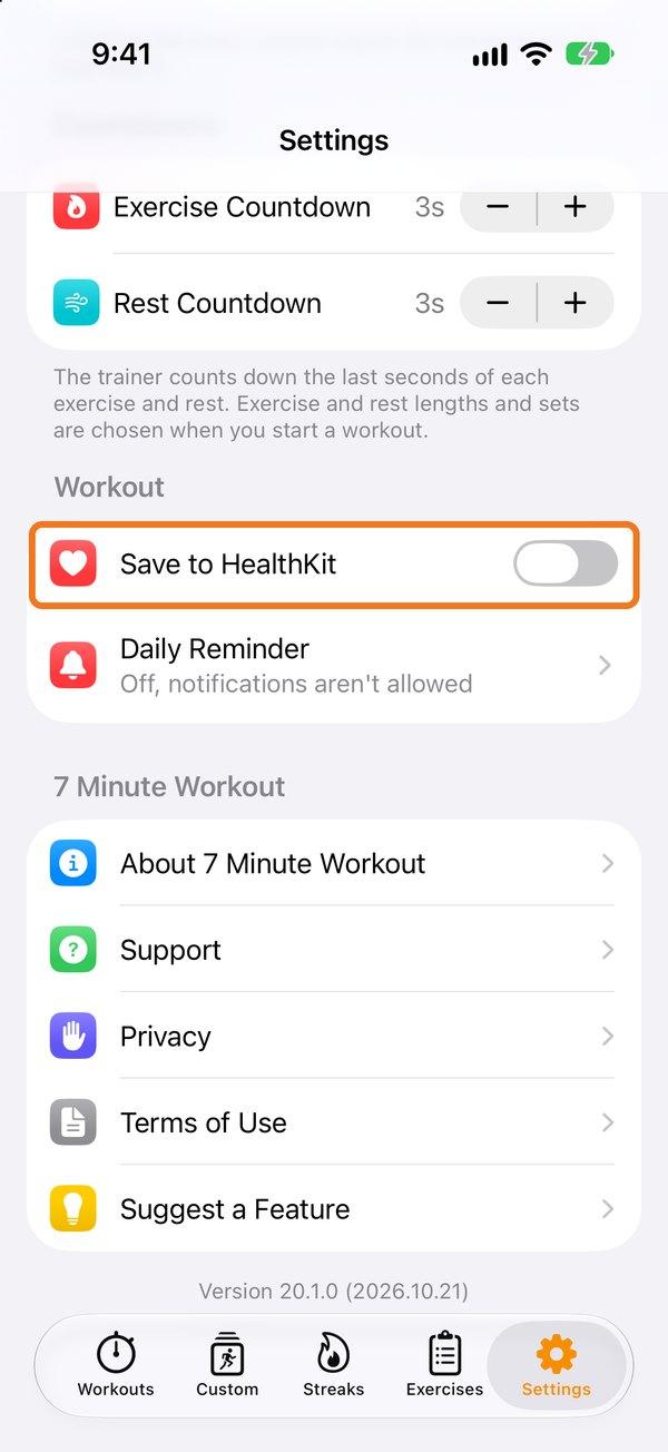Save to HealthKit on the Settings tab