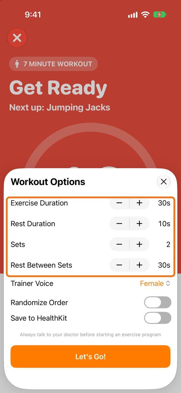 Exercise Duration, Rest Duration, Sets and Rest Between Sets in Workout Options